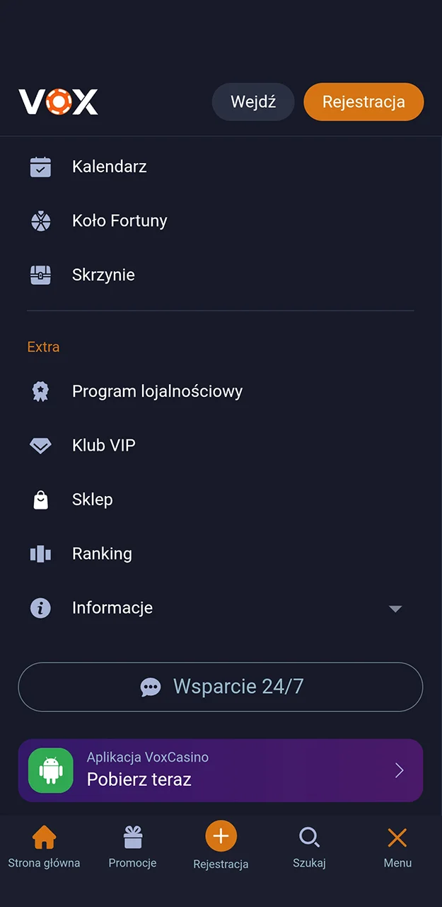 Rozpocznij proces pobierania aplikacji mobilnej VOX Casino.