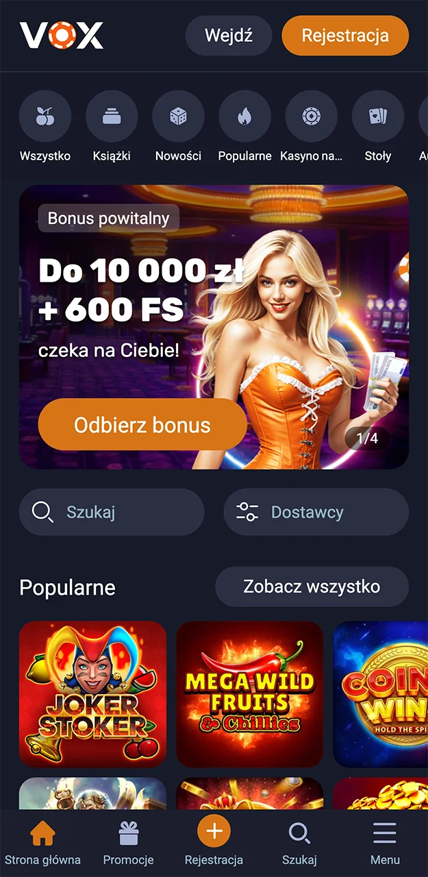 Strona główna aplikacji VOX Casino.