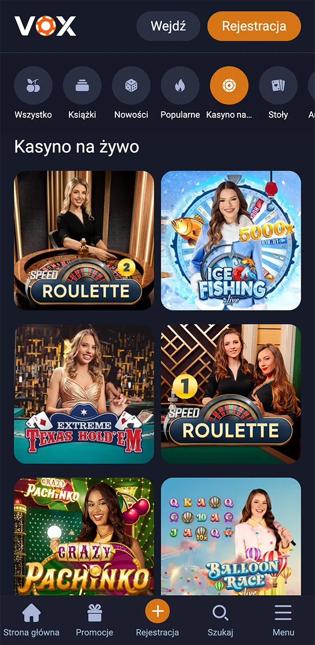 Zakładka Kasyno na żywo w aplikacji VOX Casino.