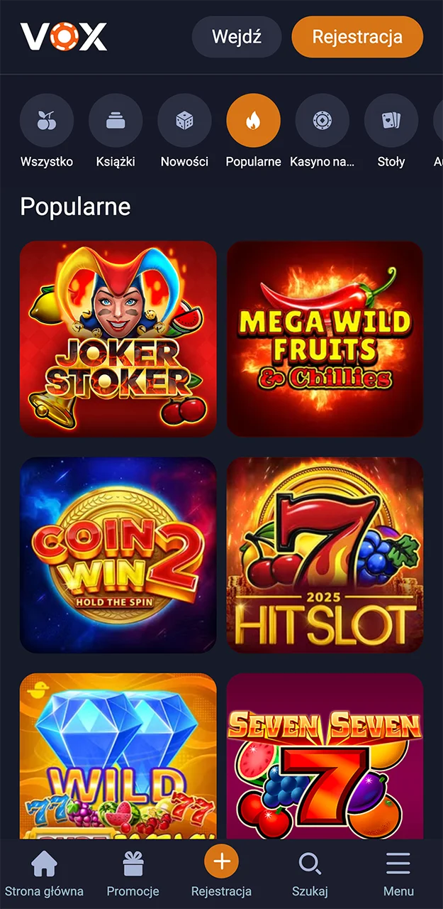 Popularne automaty dostępne w aplikacji VOX Casino.