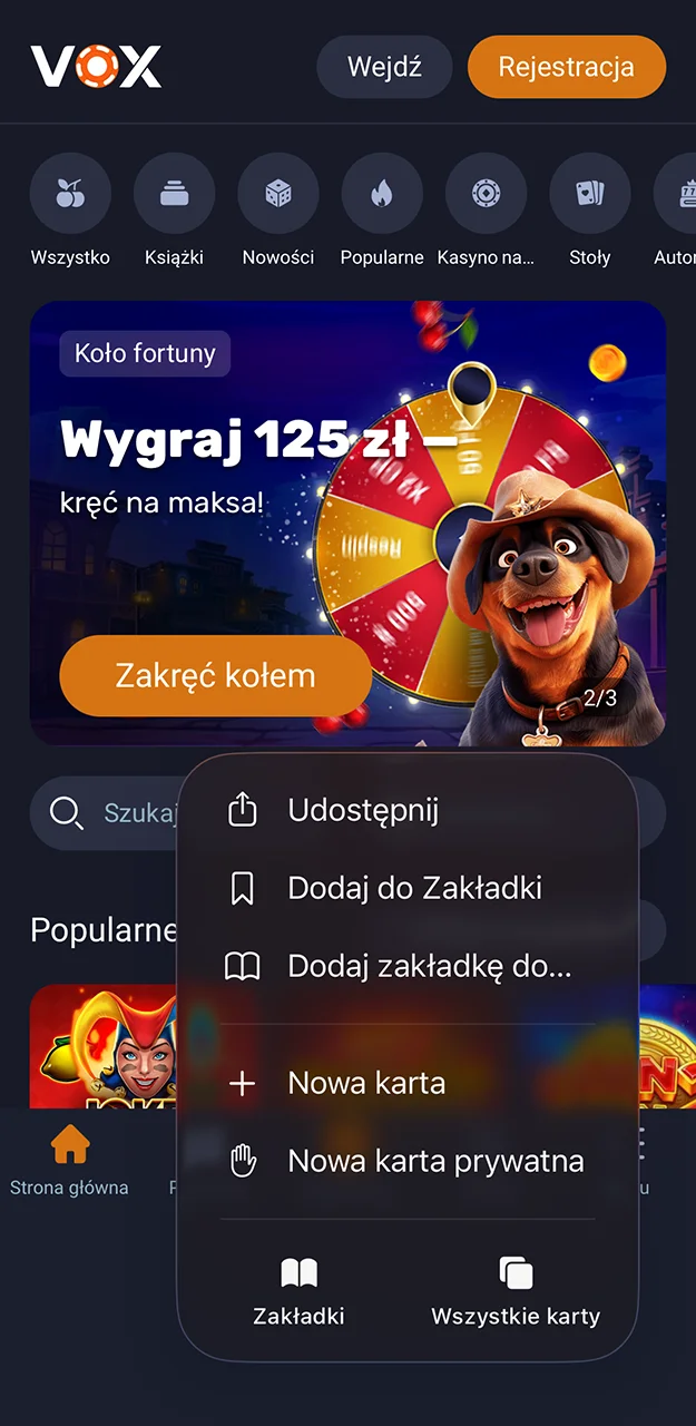 Otwórz menu przeglądarki Safari, aby rozpocząć instalację aplikacji VOX Casino.