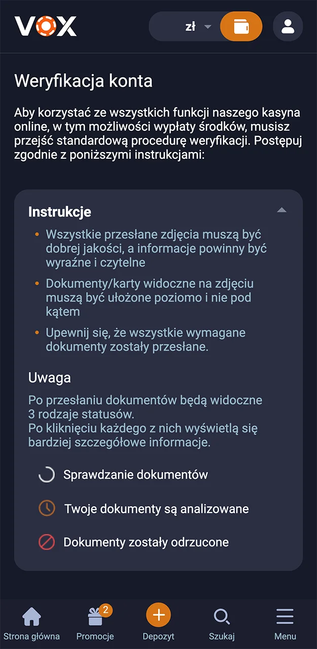 Podejdźcie z należytą powagą do procesu weryfikacji na stronie VOX Casino.