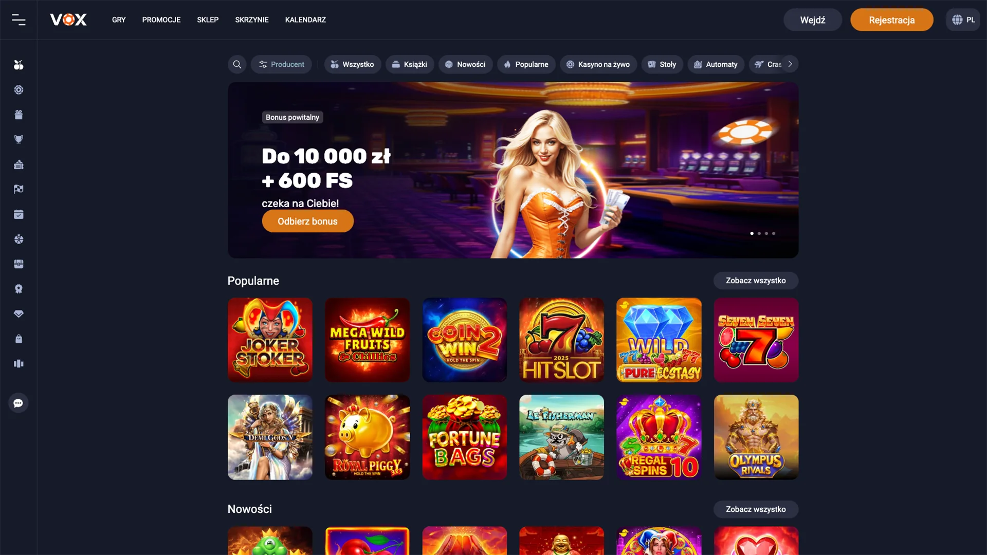 Strona główna serwisu VOX Casino.