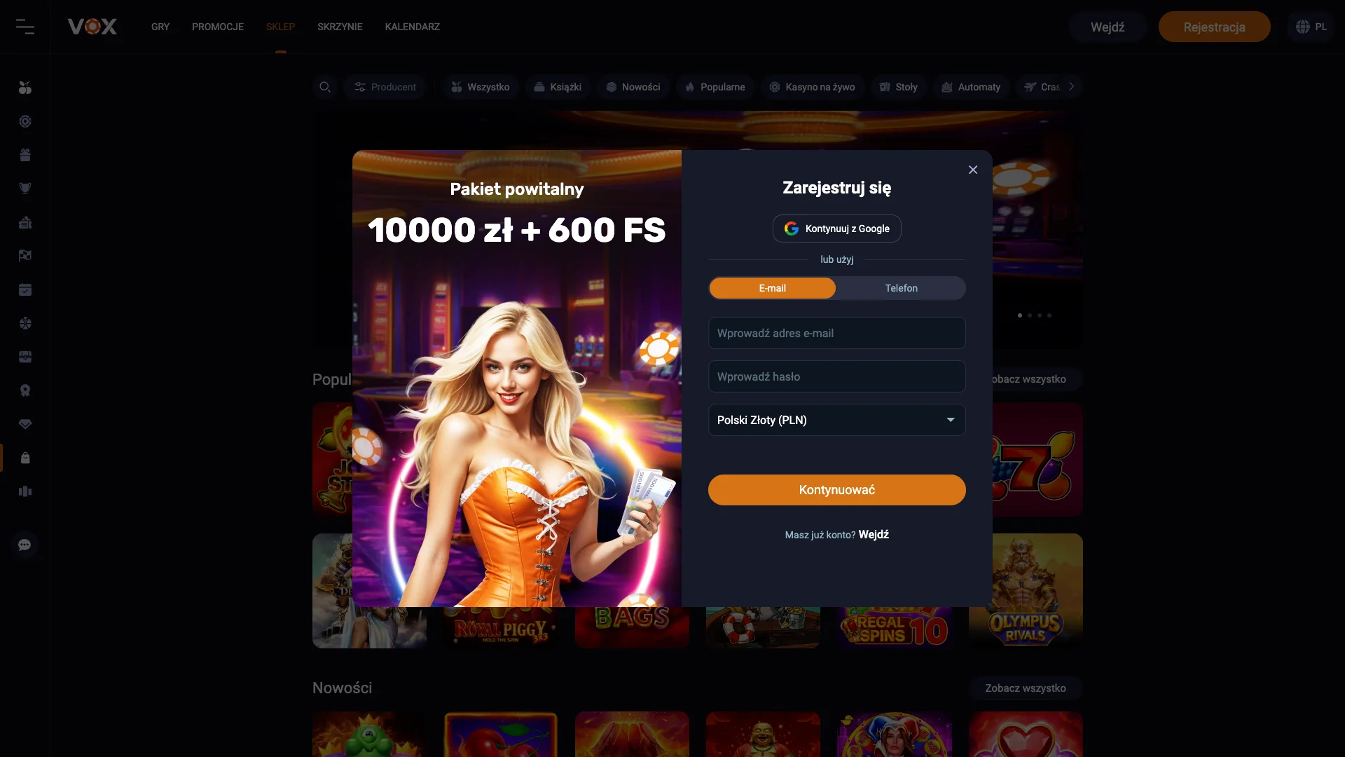 Rejestracja na stronie VOX Casino za pomocą numeru telefonu lub adresu e-mail.
