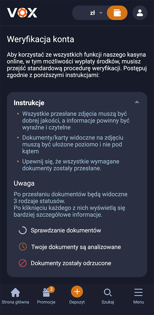 Zweryfikuj swoje konto w VOX Casino, aby uzyskać dostęp do nowych funkcji.