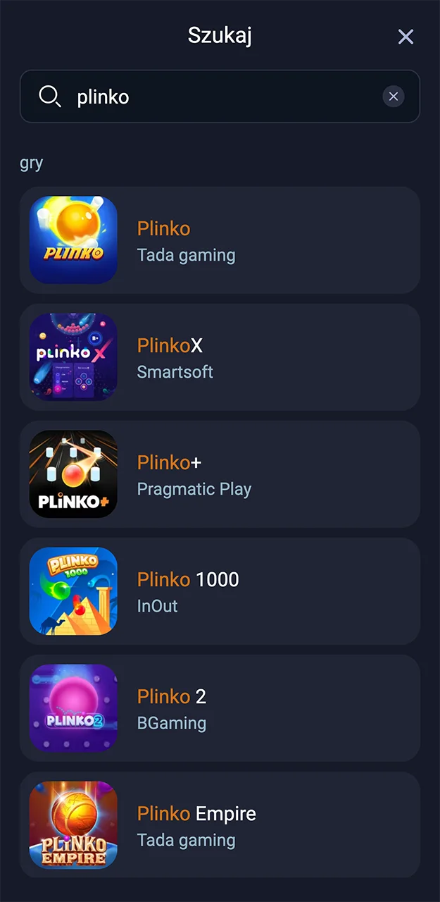 Skorzystaj z wyszukiwarki, aby szybko znaleźć grę Plinko na stronie VOX Casino.