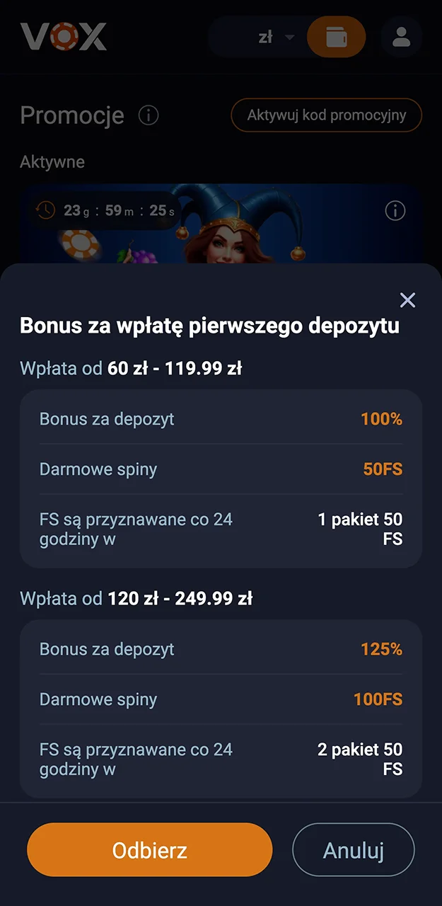 Zapoznaj się z warunkami bonusu w VOX Casino.