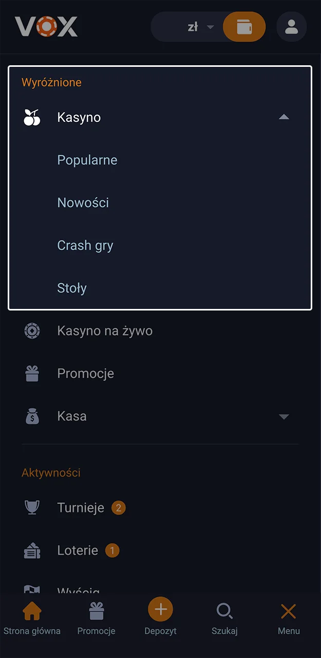 Otwórz menu konta i wybierz zakładkę z automatami od VOX Casino.