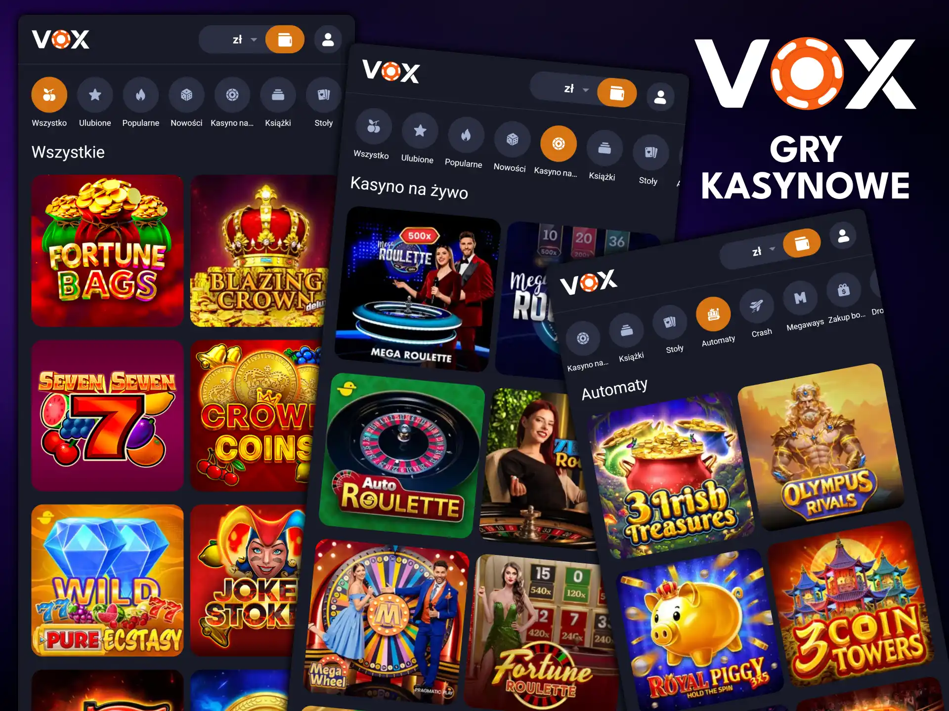 Graj w sloty, gry stołowe, gry kasynowe na żywo, gry typu crash i inne w aplikacji VOX Casino.