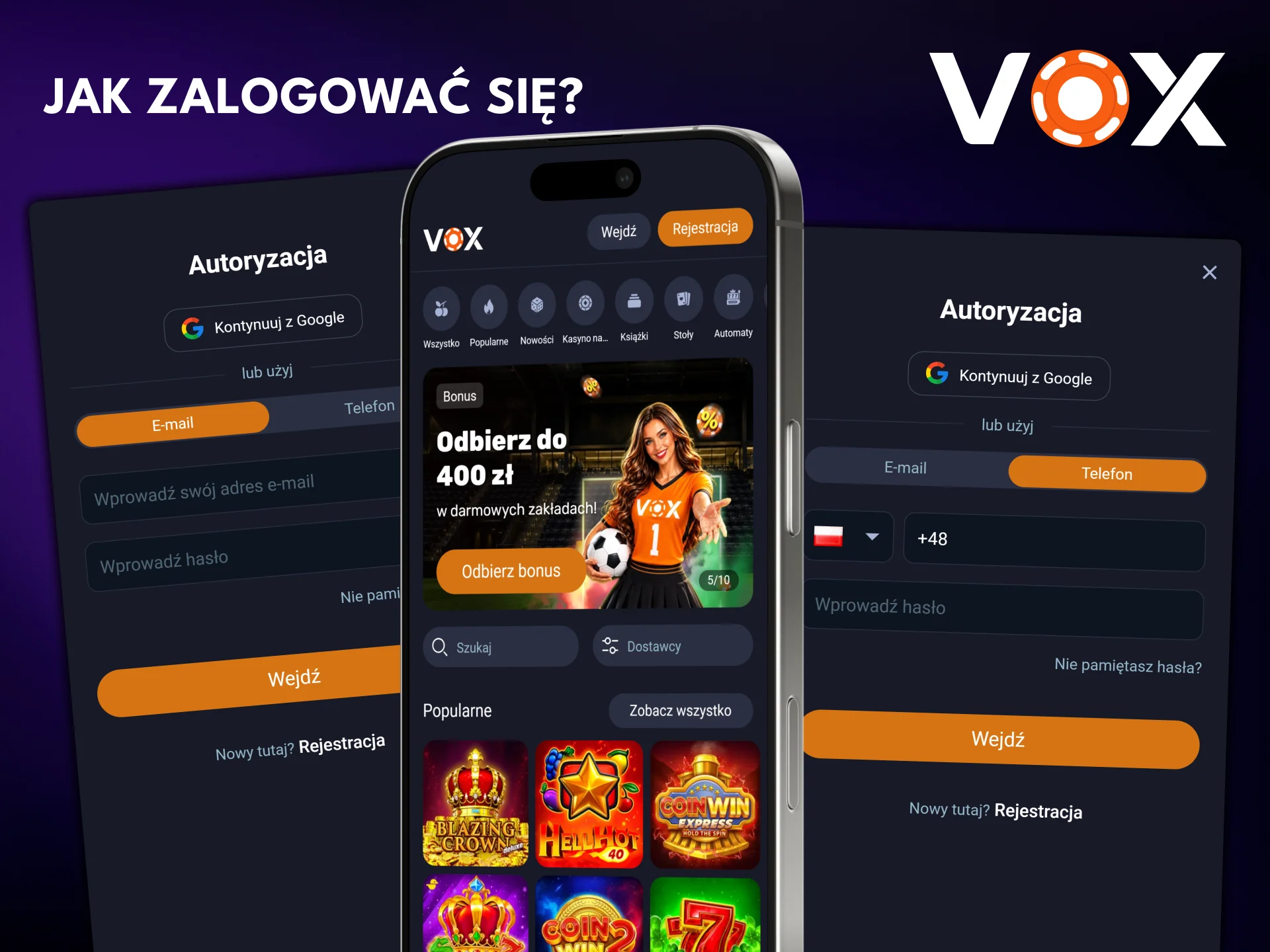 Zaloguj się za pomocą aplikacji VOX Casino i uzyskaj dostęp do swojego konta.