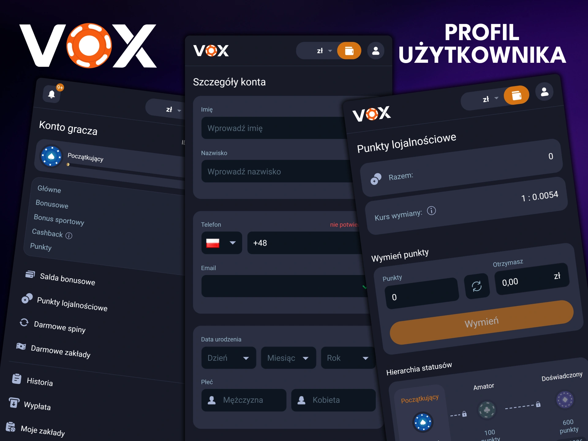 Zaloguj się do swojego konta VOX Casino w aplikacji i sprawdź ustawienia, panel, swoje dane itp.