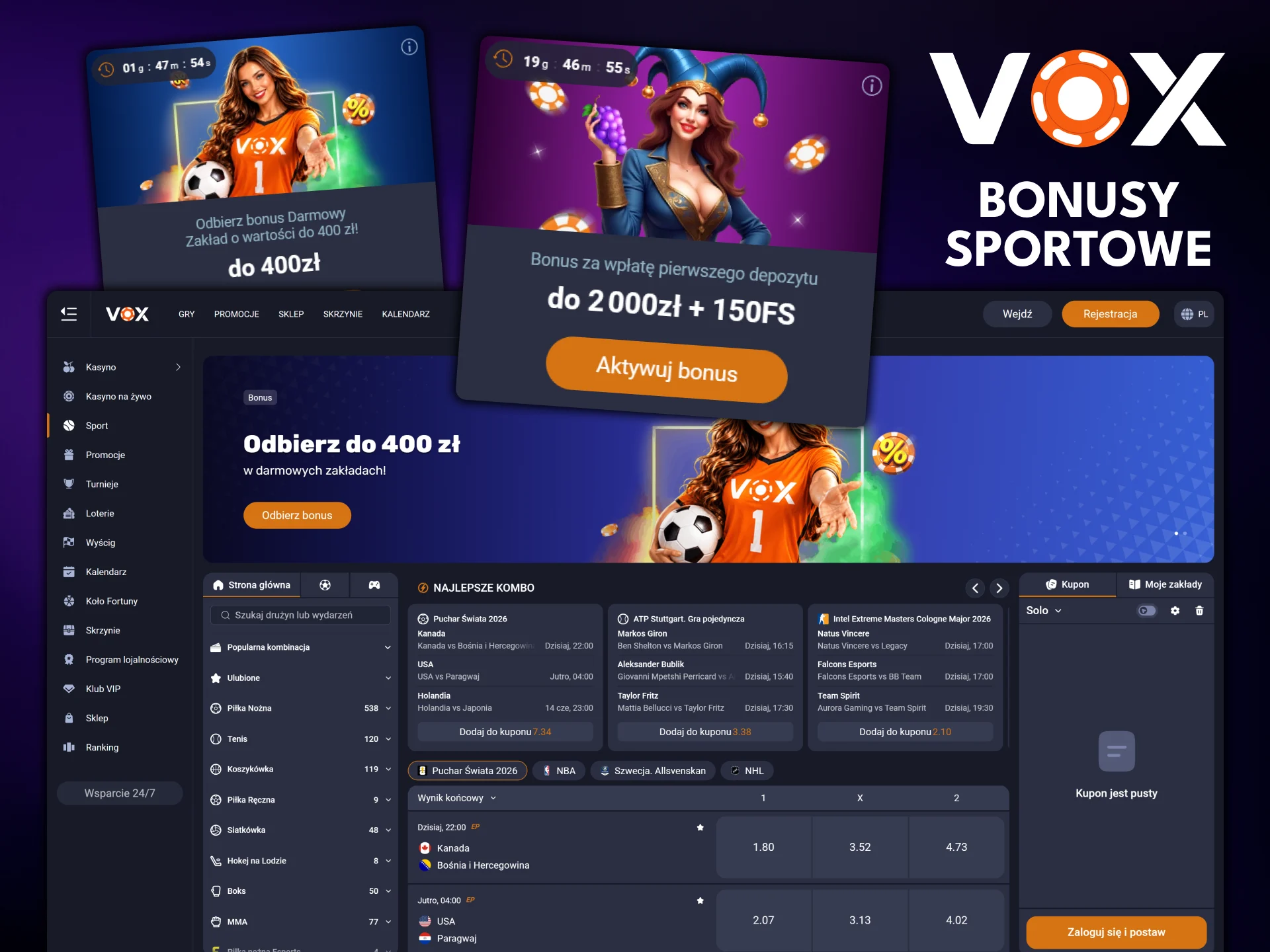 Obstawiaj zakłady sportowe dzięki bonusom sportowym oferowanym przez VOX Casino.