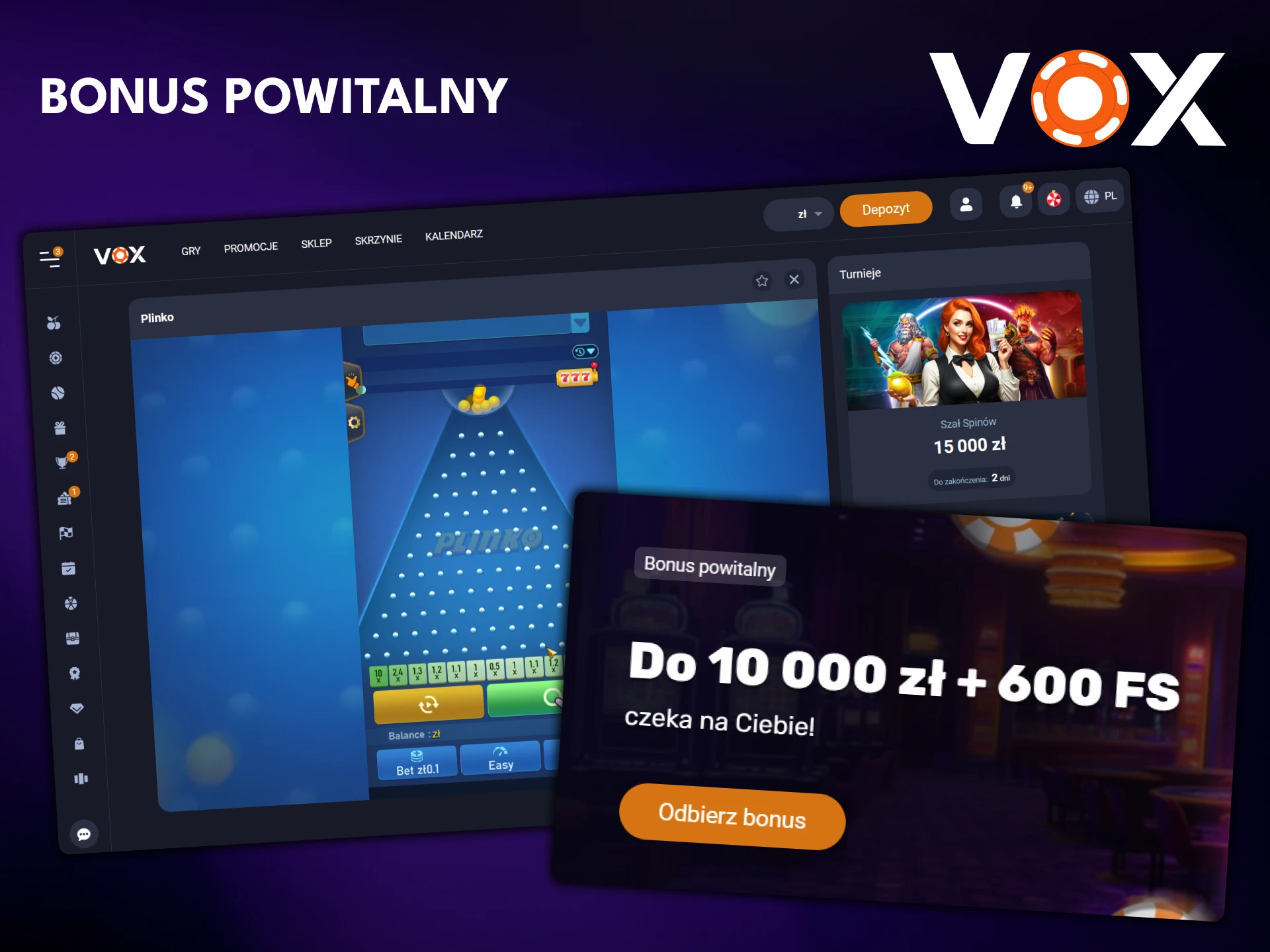 Zarejestruj się, wpłać depozyt i odbierz bonus powitalny, aby zagrać w Plinko w sklepie VOX Casino.