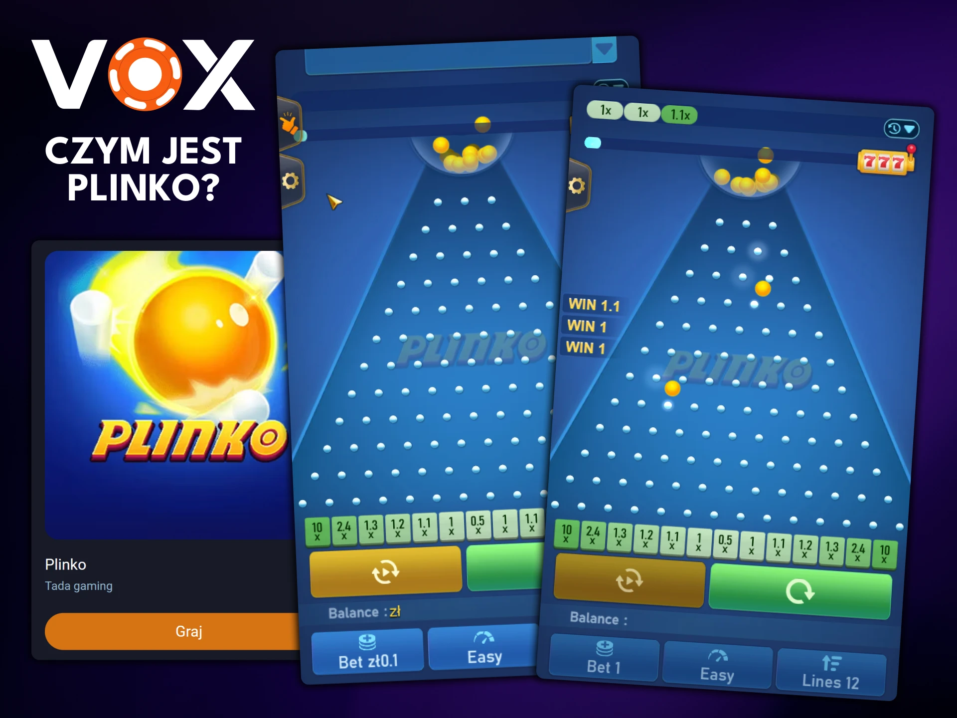 Dowiedz się więcej o grze Plinko dostępnej w VOX Casino.