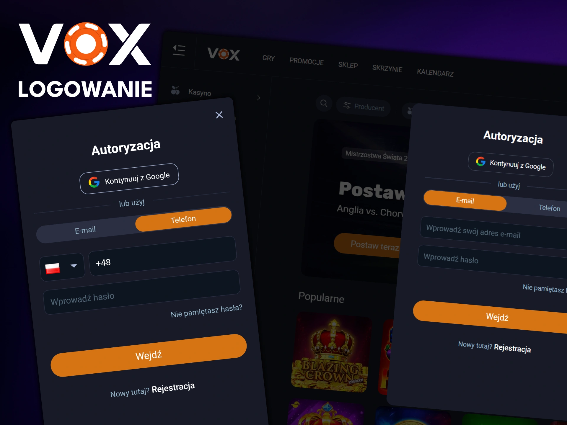 Otwórz formularz logowania, wprowadź swoje dane i uzyskaj dostęp do swojego konta VOX Casino.