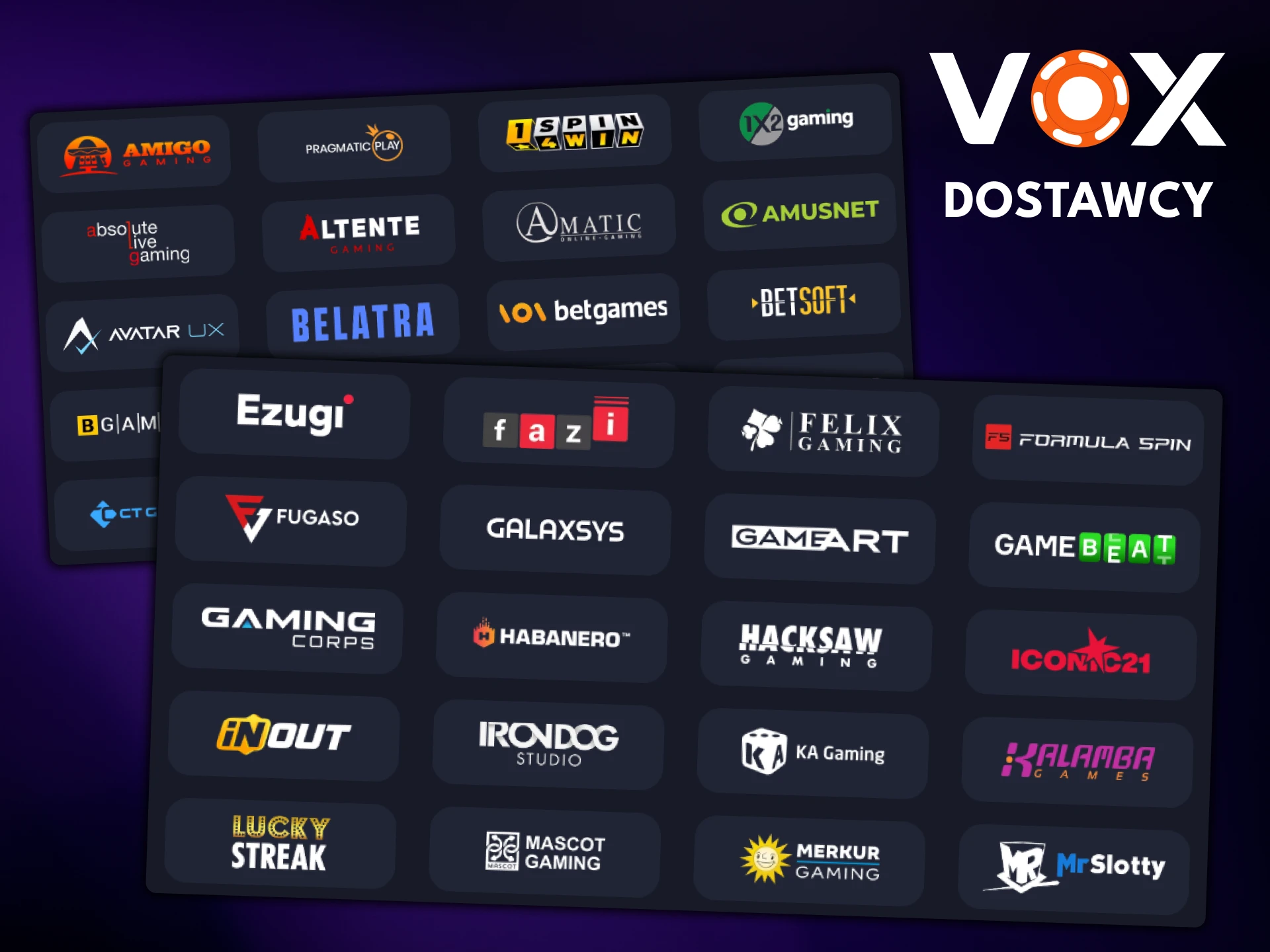 Sprawdź dostawców gier slotowych w VOX Casino.